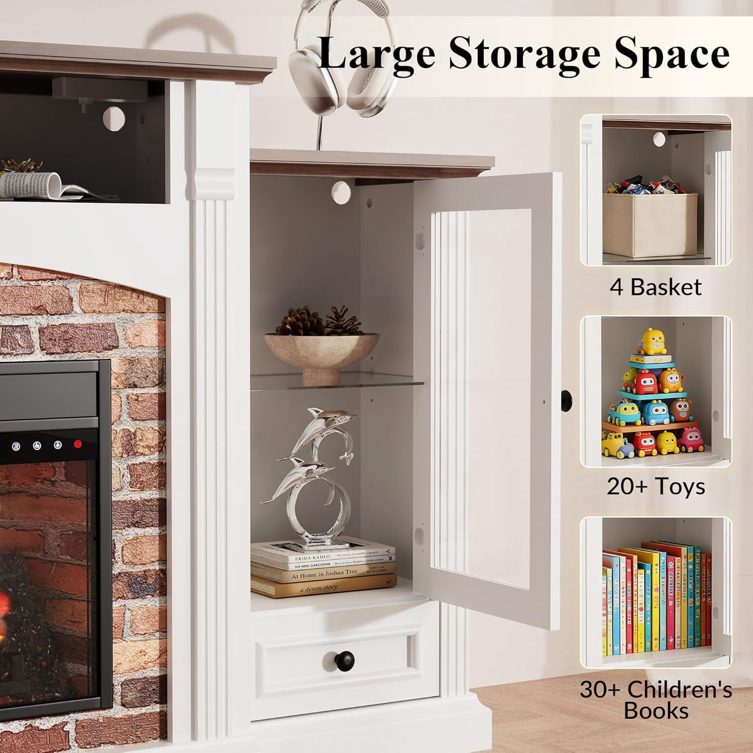 LAZZO TV Stand with Fireplace , 69" Modern Entertainment Center with Cabinets, Realistic Stacked Stone, 23" Electric Fireplace with Remote-Controlled Flame, White