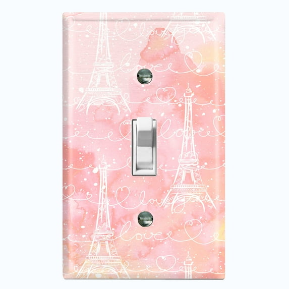 Metal Light Switch Plate Cover Romantic Paris Eiffel Tower Pink Cloud Letter PRS001