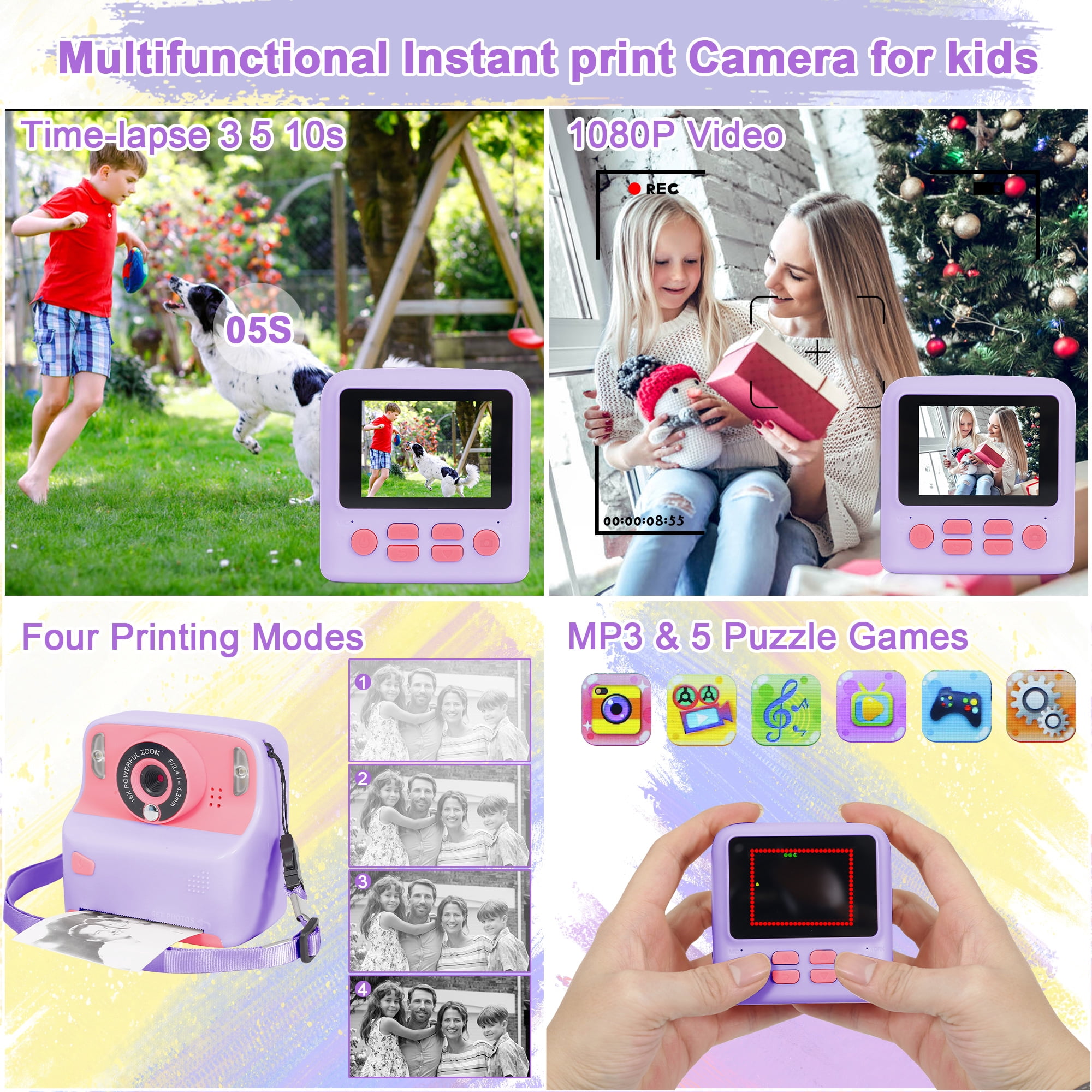 Yexmas Instant Print Digital Kids Camera 1080P Rechargeable HD Digital Toy Cameras Gift with 32G SD Card for Age 3-12, Purple