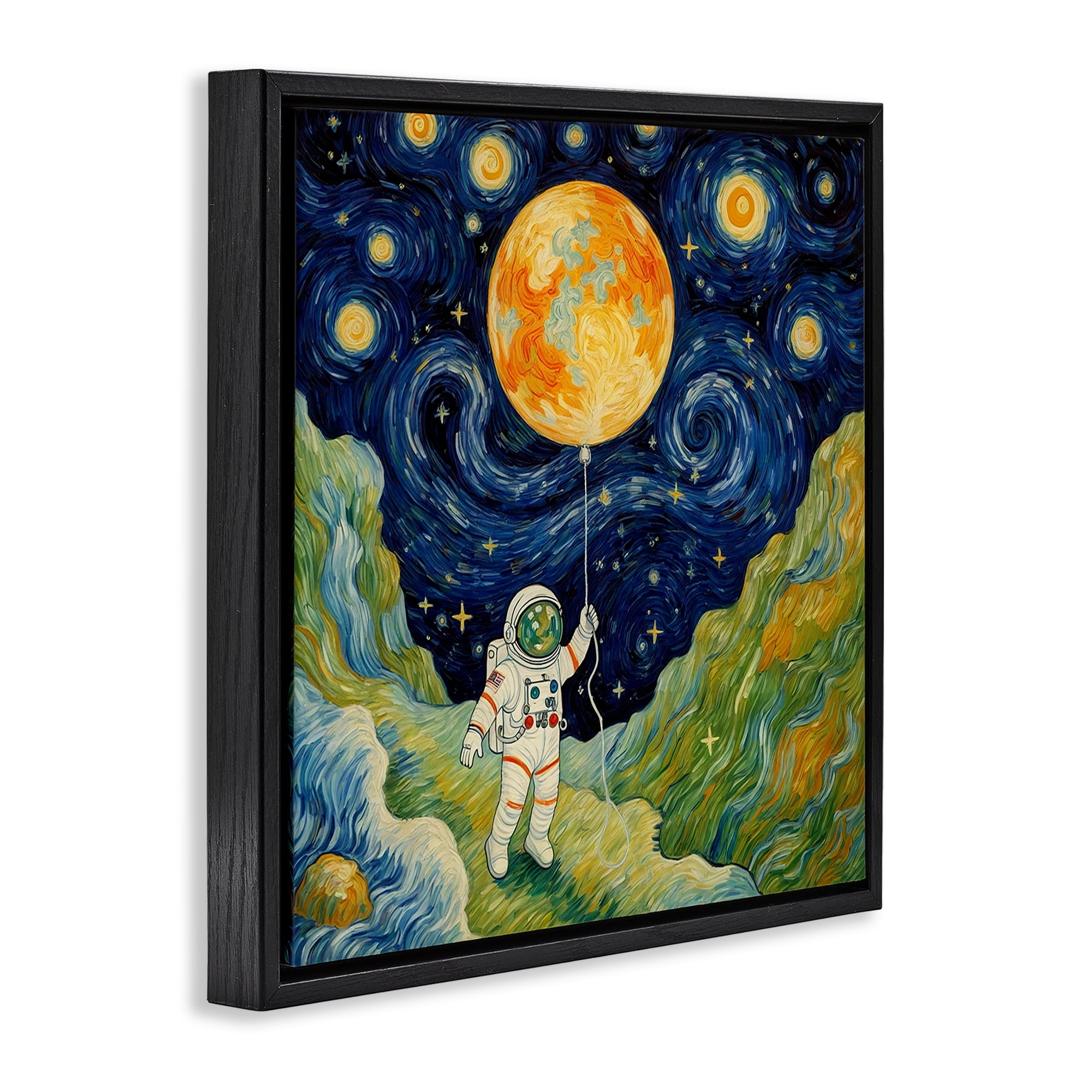 Impressionist Astronaut in Space Black Framed Floater Canvas Wall Art, design by Angie Hawke