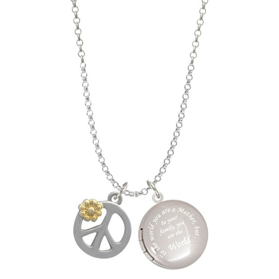 Delight Jewelry Two-tone Large Peace Sign with Daisy and Crystal To the World You are a Mother Locket Necklace