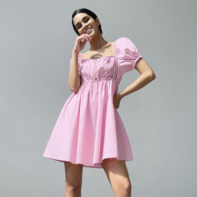 100% Cotton Elegant Dresses For Women Sweet Puff Sleeve Bandage Elastic Waist Summer Party Dresses Vestido Feminino zhangmengya LED