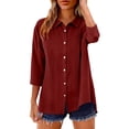 thumbnail image 2 of Hfnxid Cotton Linen Shirt for Women Button Down 3/4 Sleeve Shirt Lapel Collar Pleated Business Tops Ladies Casual Dressy Loose Fit Blouses for Work Wine S, 2 of 9