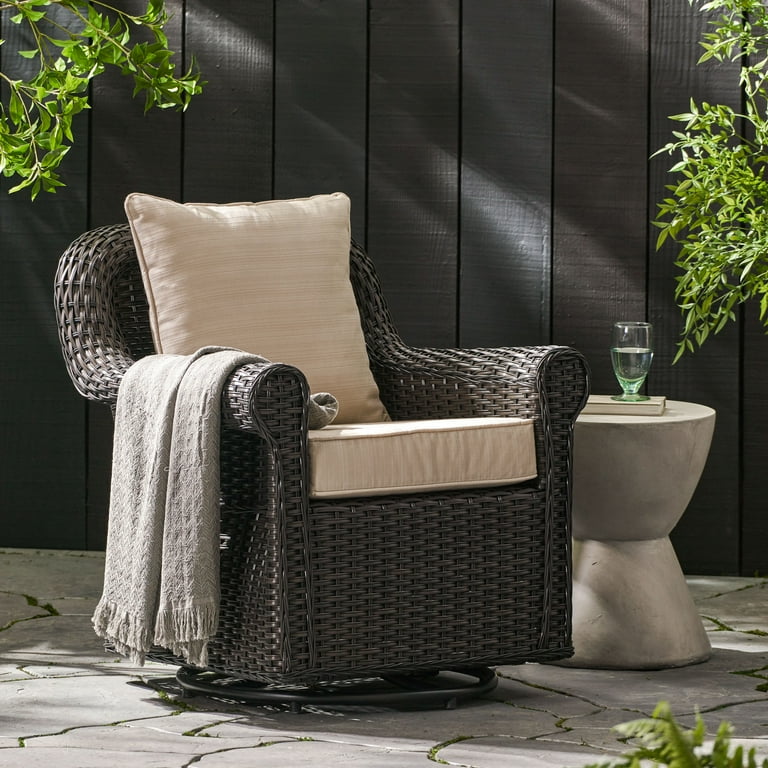 Admiral Outdoor Dark Brown Wicker Swivel Rocking Chair with Cushions Beige