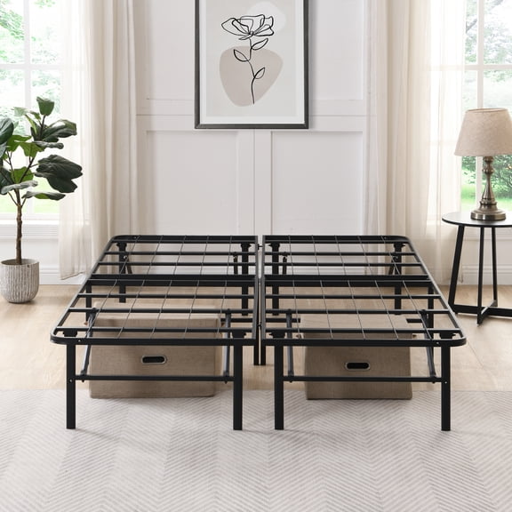 Leumius Queen Size Foldable Bed Frame, 14" High Steel Platform Bed Frame with Storage Space Under Frame, Black