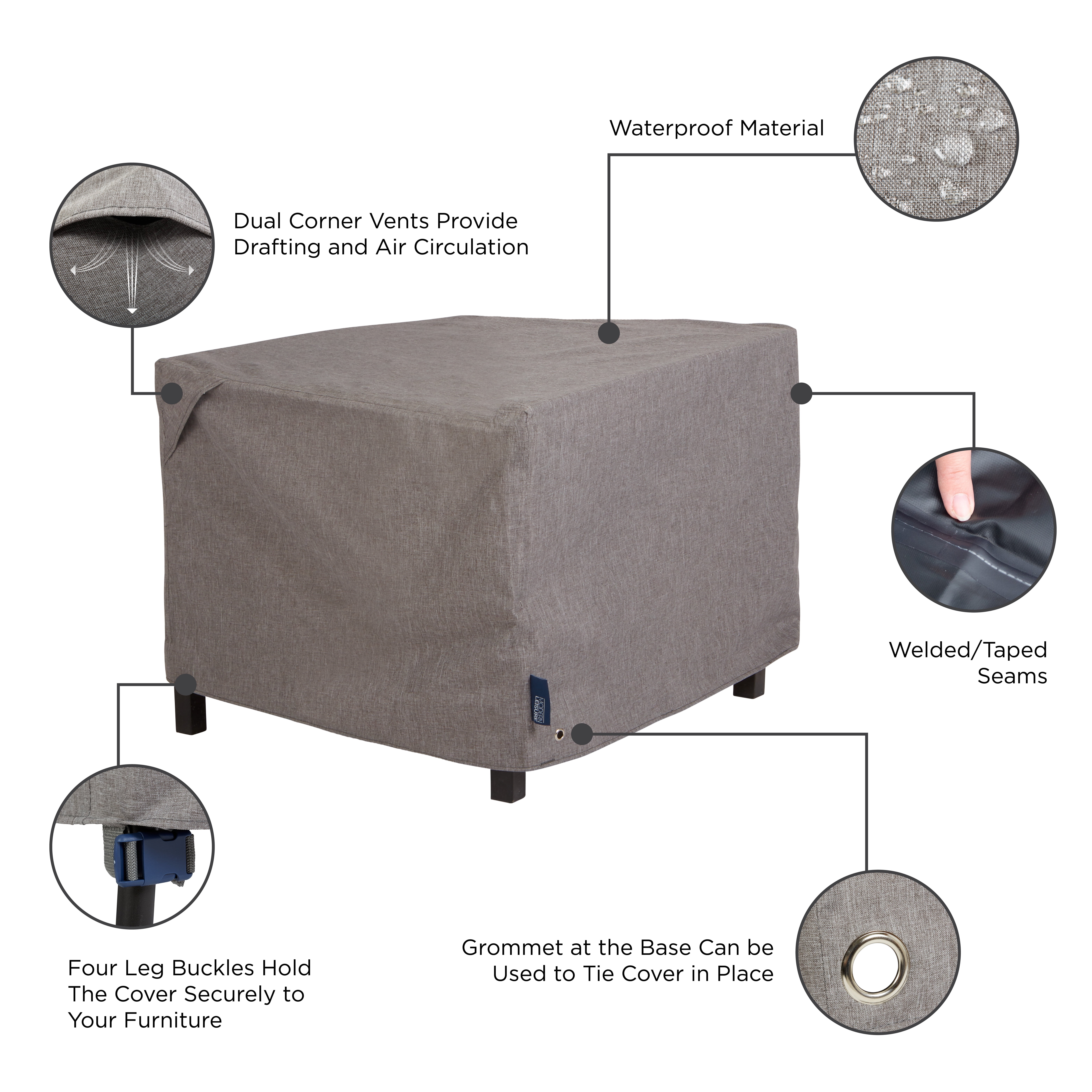 Modern Leisure Garrison Waterproof Square Fire Pit Table Cover, 42"L x 42"W x 22"H, Gray