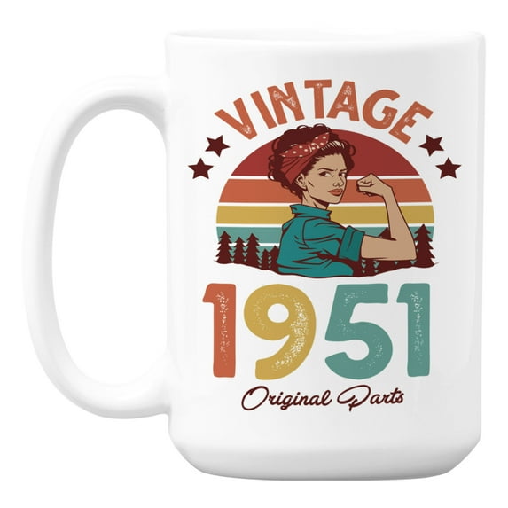 Vintage 1951 feat. a Strong Woman & Retro Sunset Ceramic Coffee & Tea Mug (15oz)