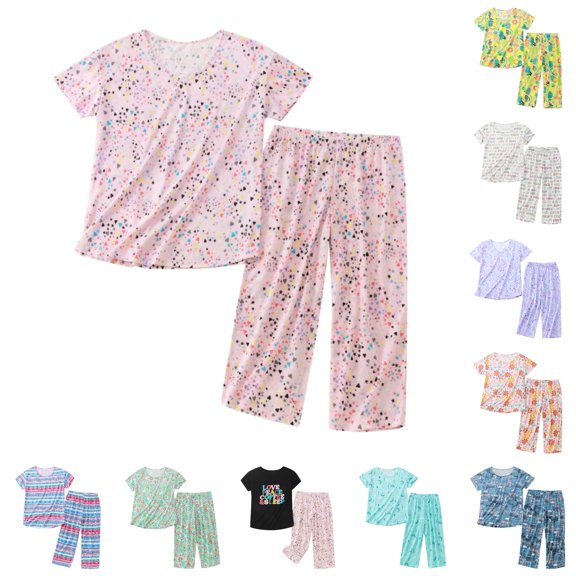 xfsWaSs Pajamas for Women Set Plus Size Sleepwear Short Sleeve Tops With Capri Pants Summer Pajama Sets Ladies Daily Loungewear