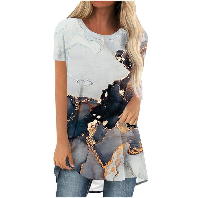 Pompotops Femmes Été Col Rond Ample Tops Casual Imprimé Manches Courtes Chemisier Clair