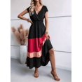 thumbnail image 2 of Women Party Color Block Dress High Waist Short Sleeve Maxi V Neck Dress Casual Ruched Ruffle Hem Dress Style 2 XL, 2 of 7