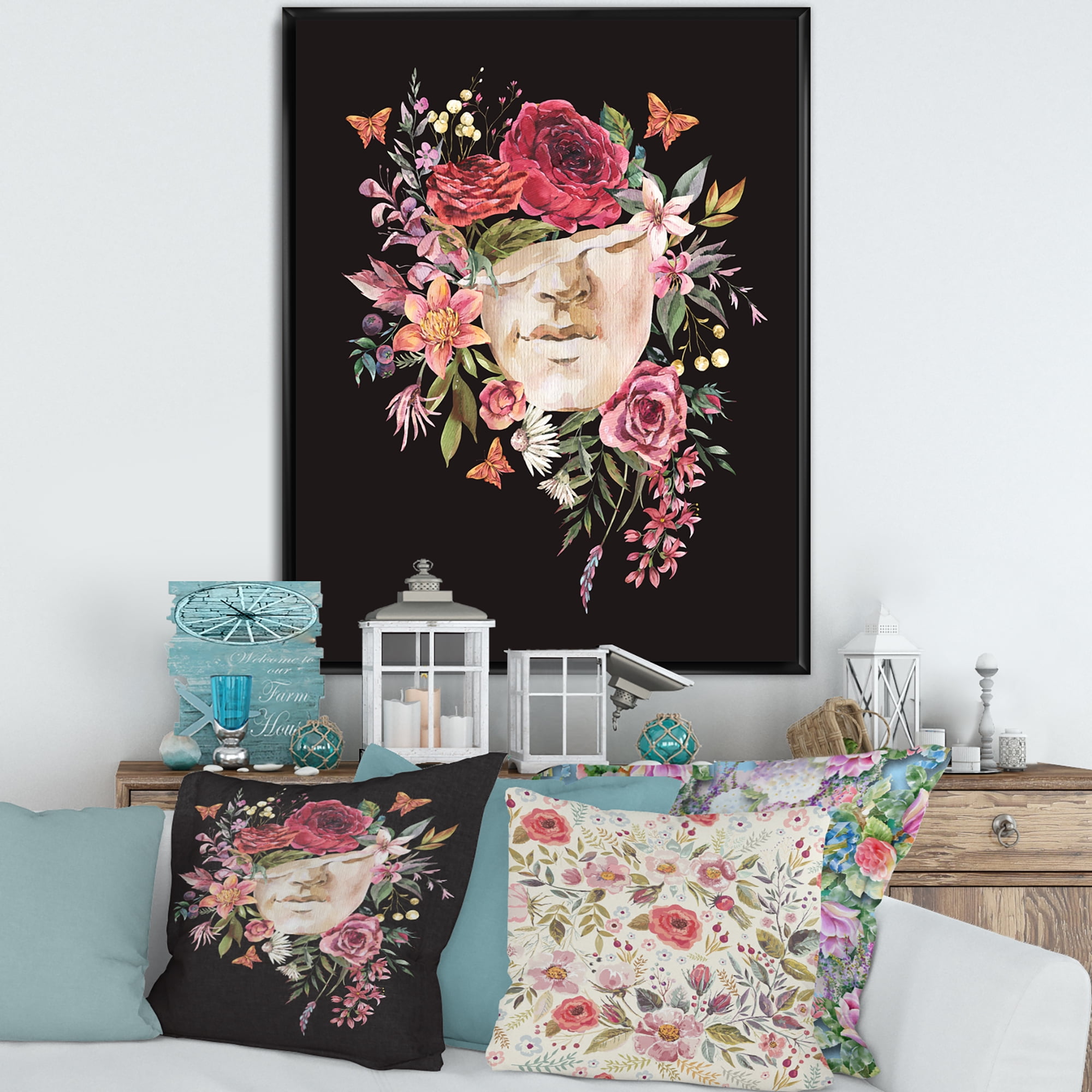 Designart 'Ancient Greek Sculpture Detail With Dry Flowers' Traditional Framed Canvas Wall Art Print