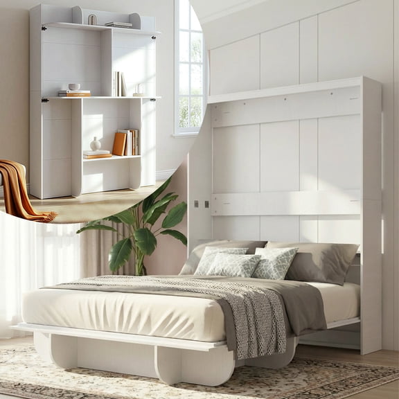 Puremind Queen Size Murphy Bed, Wood Foldable Wall Bed Frame, Storage Cabinet Bed for Bedroom/Office, Space-Saving, No Box Spring Needed, White