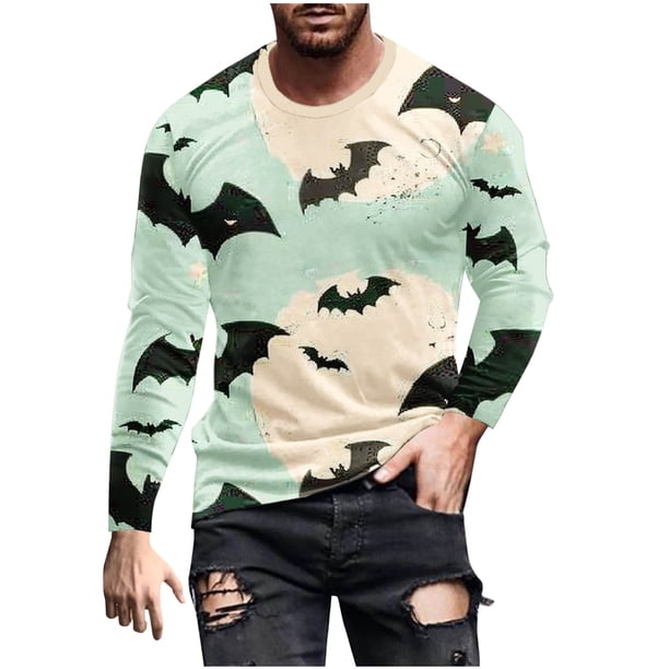 Blusas y camisas de manga larga y cuello redondo para hombre, estilo casual, con estampado de Halloween, de poliéster.