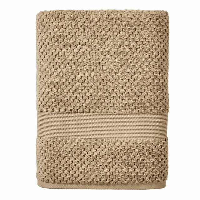 Better Homes & Gardens beige towel featuring soft popcorn texture and a smooth woven band.