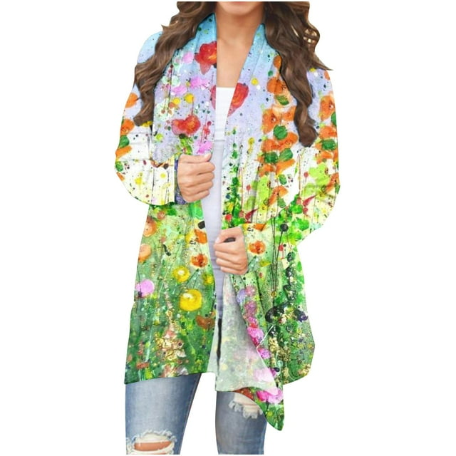 Cardigan à Manches 3/4 pour Femmes, Veste Cardigan à Manches Longues Imprimée Florale à la Mode en Liquidation