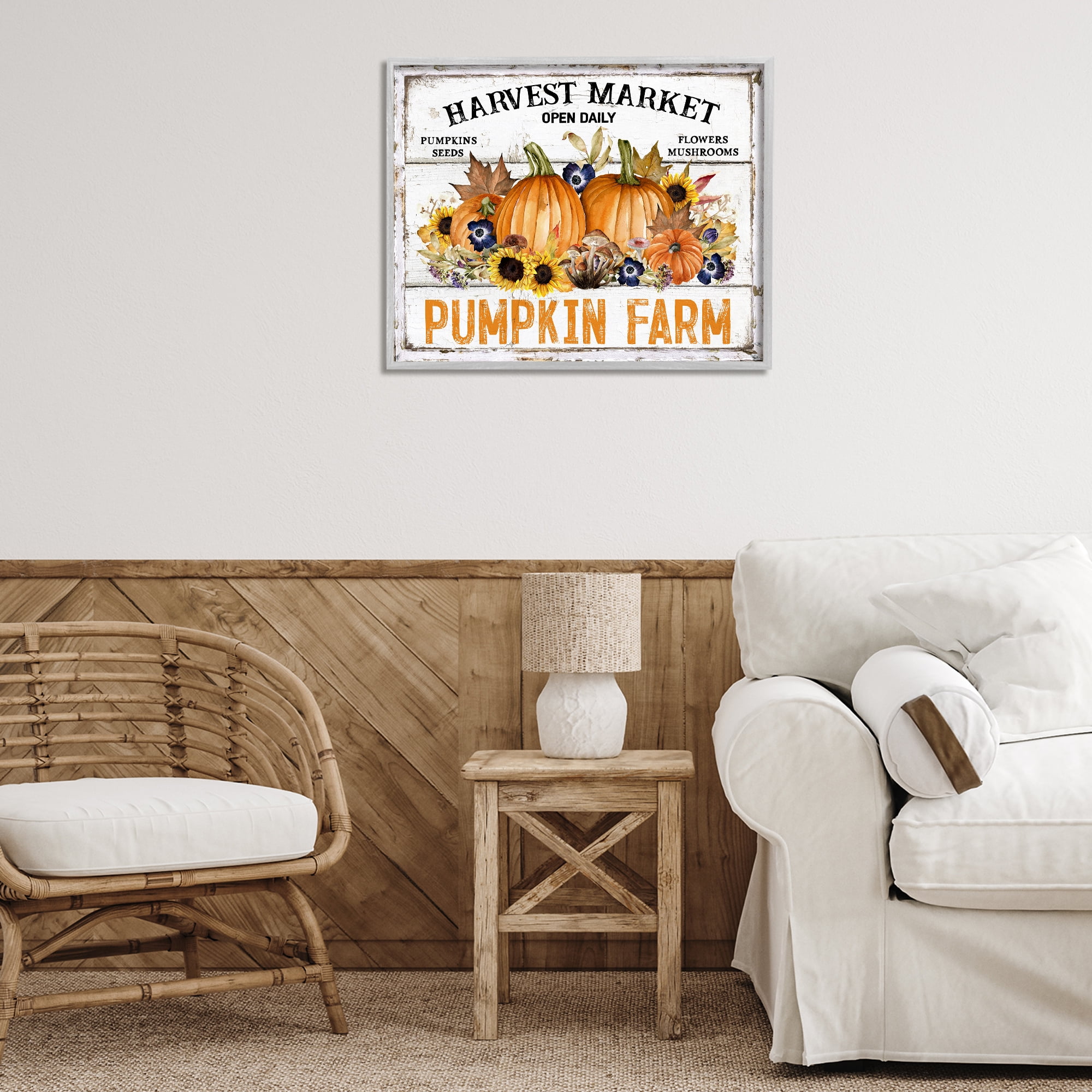 Stupell Industries Pumpkin Farm with Sunflowers Holiday Painting Gray Framed Art Prints Wall Art, 30 x 24