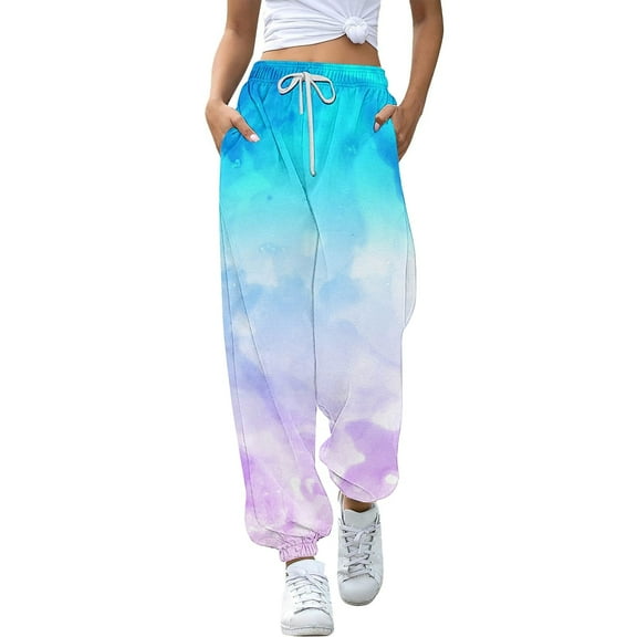 MIXUE Toddler Girls Pants Summer Gradient Print Elastic Waist Drawstring Jogging Bottoms Sports Straight Leg Casual Sweatpants Trousers Holiday Wear,Blue,4-5 Years
