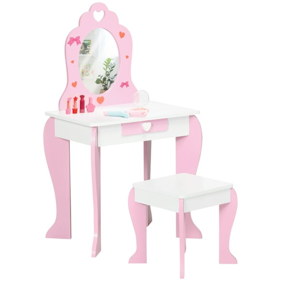 Qaba Kids Vanity Table & Chair Set with Drawer, Love Heart & Bow Patterns