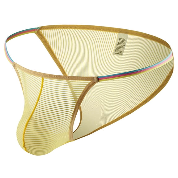 Odeerbi Mens Underwear See Through Thong Briefs 2025 Casual Fashion Solid Erogenous Elegant Cutout Open File Ice Silk Yellow