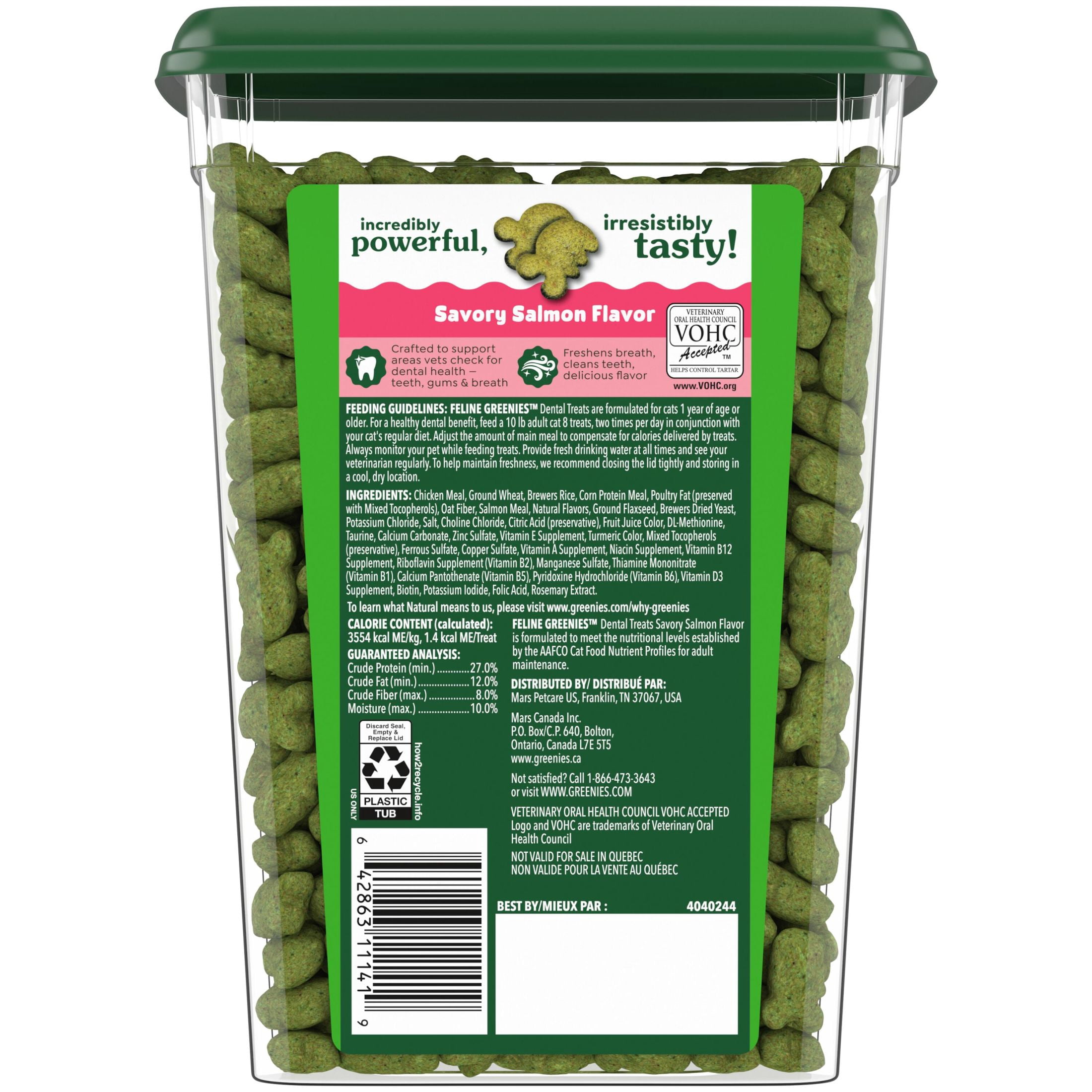 Greenies Feline Savory Salmon Flavor Adult Natural Dental Cat Treats, 9.75 oz Tub