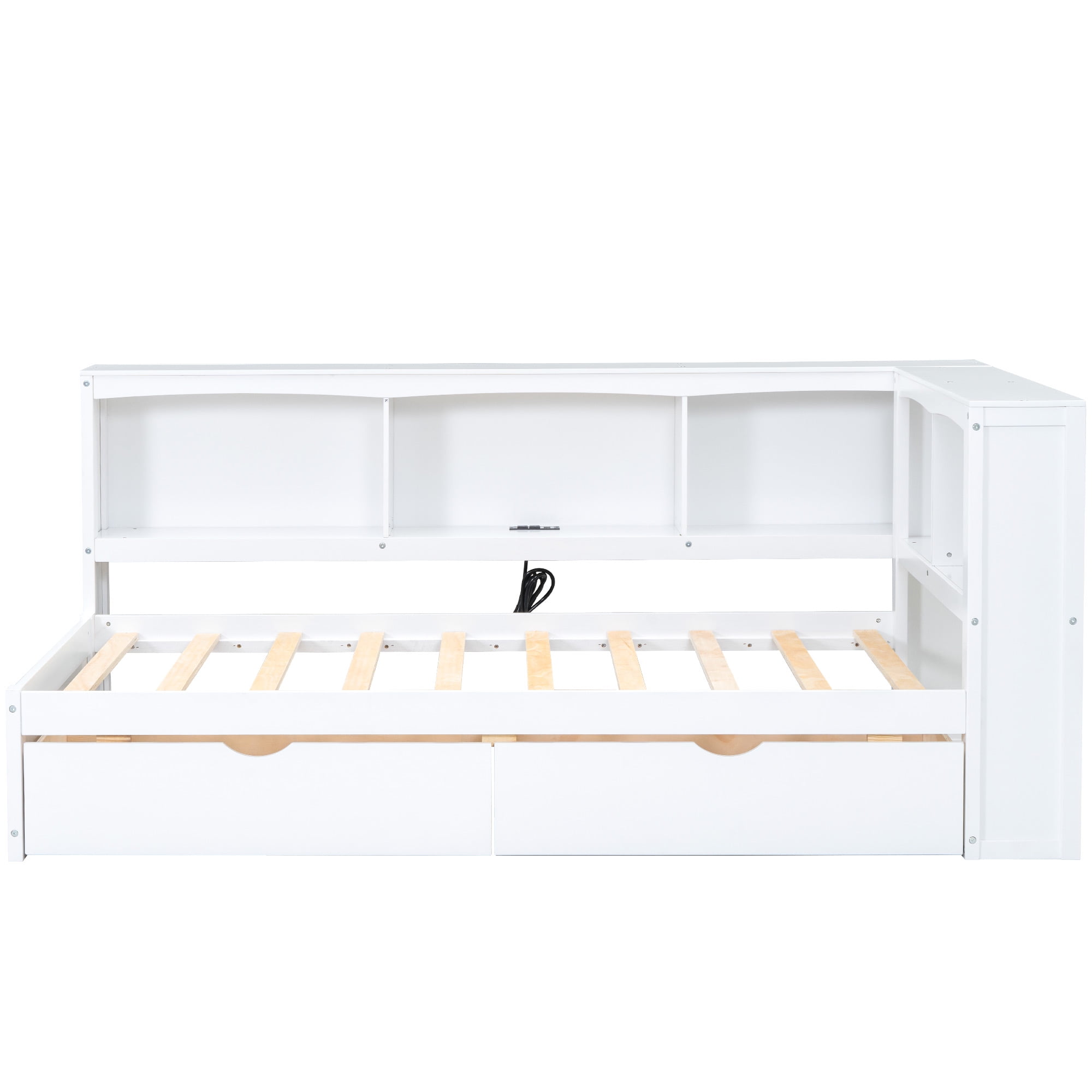 Euroco Modern Pine Wood Daybed with Drawers, Twin Bed with Storage Cabinet and Shelves, USB Charging Station for Kids Teens Bedroom, White