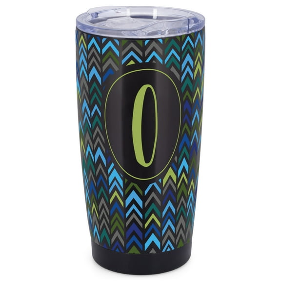 Elanze Designs O Monogram Herringbone Arrows Wrap-Around Design 20 Ounce Stainless Steel On-The-Go Coffee Mug, Thermal Travel Tumbler with Leak Resistant Slide Lid, Sleek Black