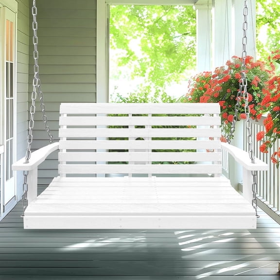 LOYALICE 2 Person Outdoor HDPE Hanging Porch Swing Bench Chair with Cup Holder, White