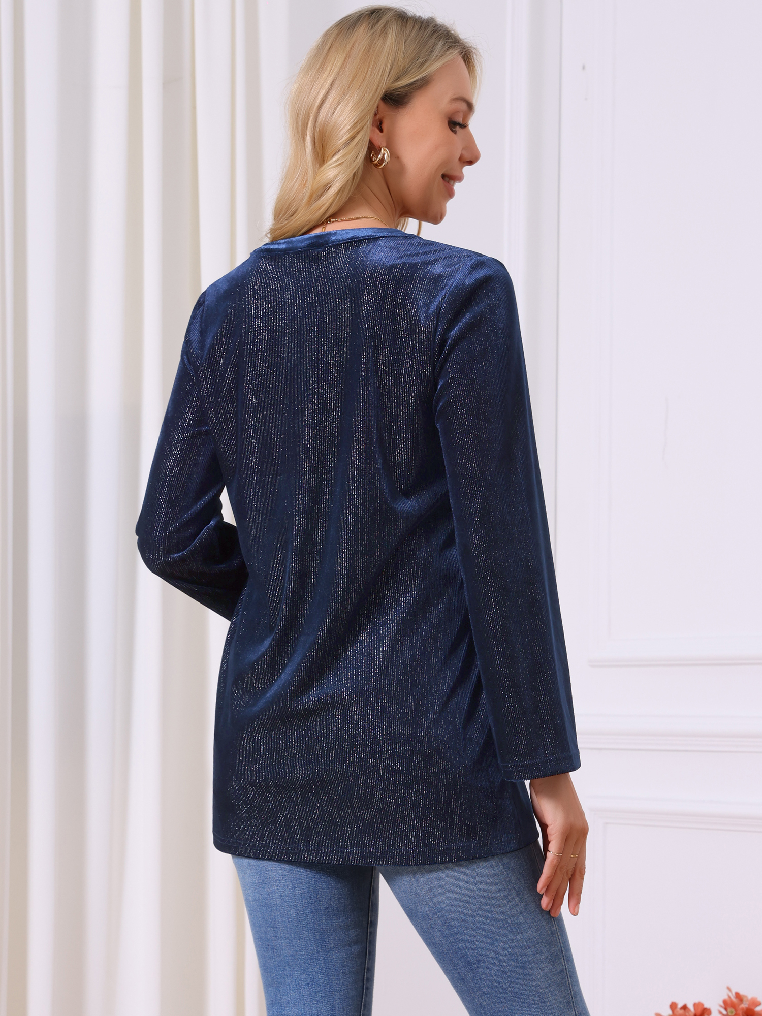 DARING DIVA Women's Velvet V Neck Long Sleeve Metallic Blouse S Dark Blue