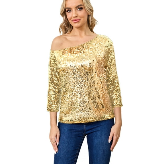 Women's Gold Sequin Off The Shoulder Top 3/4 Sleeve Glitter Party Blouse Casual Celebration Shirt