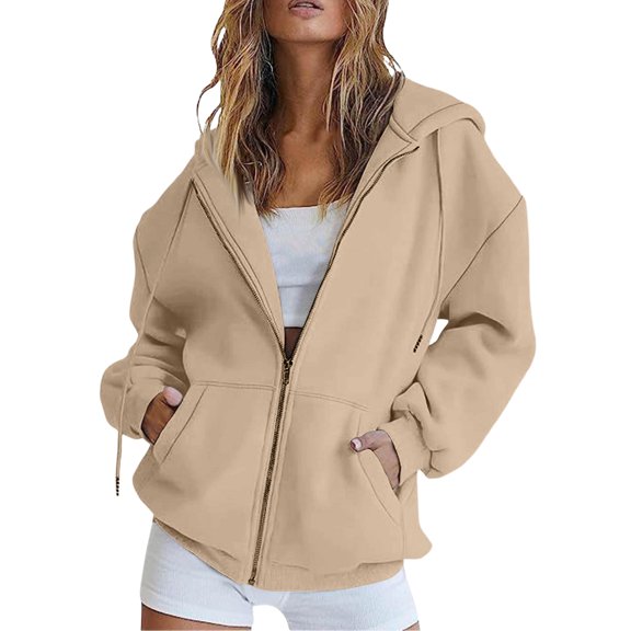 Resicozy Womens Zip Up Hoodies 2026 Casual Y2K Oversized Sweatshirts Long Sleeve Basic Fall Winter Clothes Jackets with Pockets Camel L