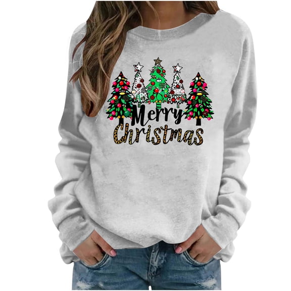 Christmas Tree Crewneck Sweatshirts Womens Long Sleeve Xmas Pullover Shirts Loose Cute Holiday Tops, 3XL White