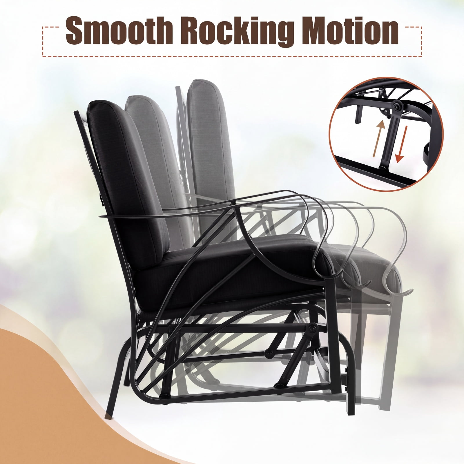 Furnibear Patio Glider Rocking Chair with Thick Cushion Curved Armrests Easy to Clean Metal Frame and Smooth Gliding Motion for Porch, Black