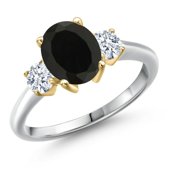 Gem Stone King 925 Silver and 10K Yellow Gold Black Onyx and White Zirconia Engagement Ring for Women | 2.50 Cttw | Oval 9X7MM | Gemstone December Birthstone | Size 6