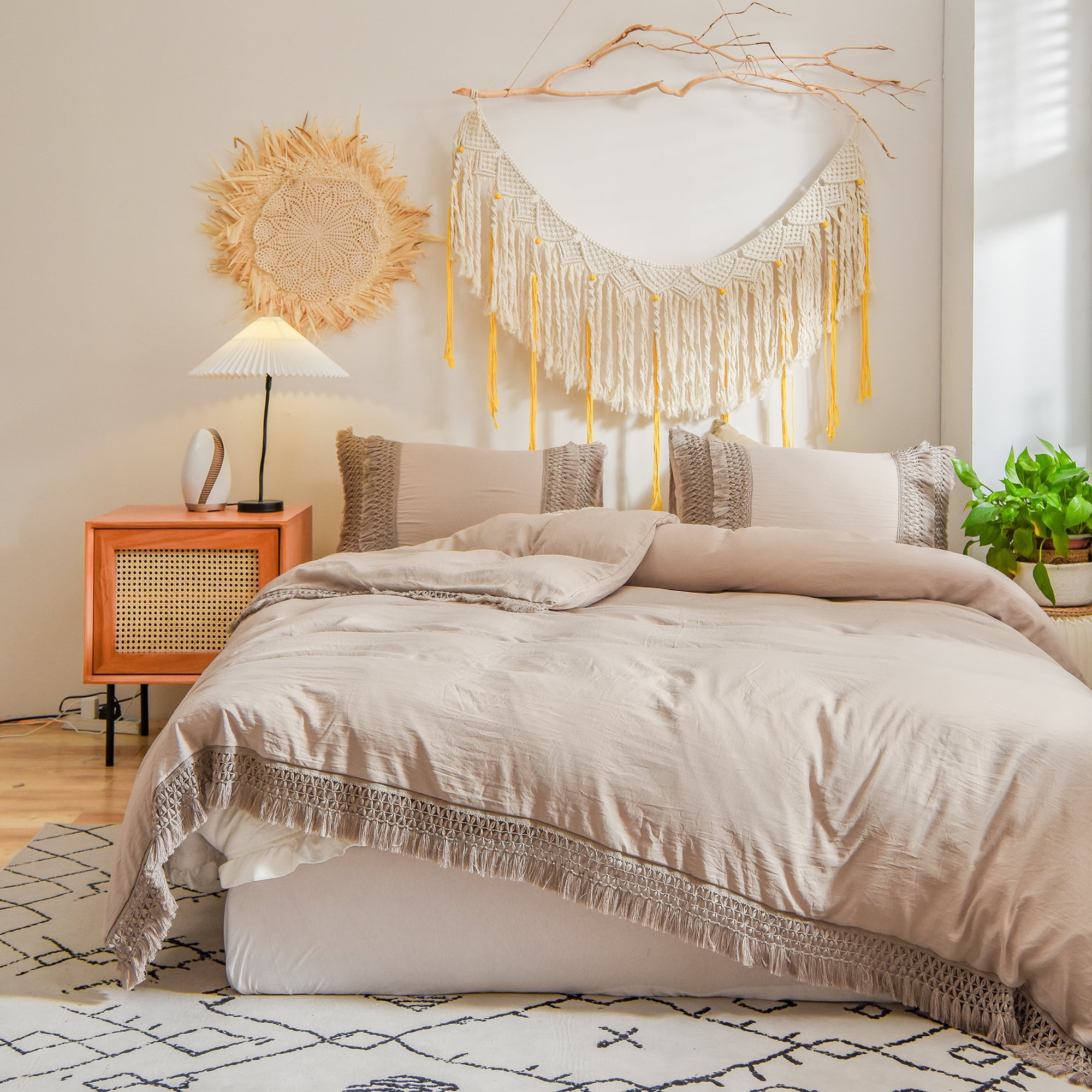 Move Over Taupe Macrame Tassel Bedding Sets Queen Boho Tassels Pattern Washed Microfiber Duvet Cover Set No Filling