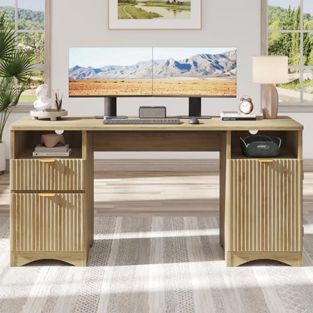 Bestier 59" Modern Executive Desk with Storage, Wood Home Office Desk with 2 Drawers & 3 Cabinet, Fluted Computer Writing Desk for Study, Living Room, Bedroom, Oak
