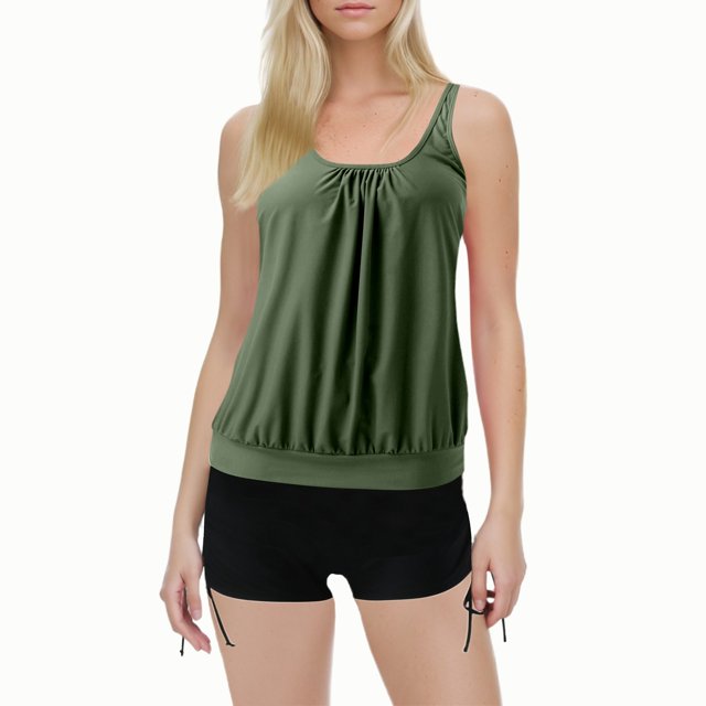 Swimsuits Women Solid Color Stylish Ruffle Tankini Tops with Boyshorts Dark Green Bathing Suits for Women M