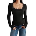 thumbnail image 2 of Camisetas de Larga para Mujer, Informales, Ajustadas, con Cuello Redondo de Encaje y Punto Acanalado, Tendencia de Otoño 2025. Negro XL, 2 of 9