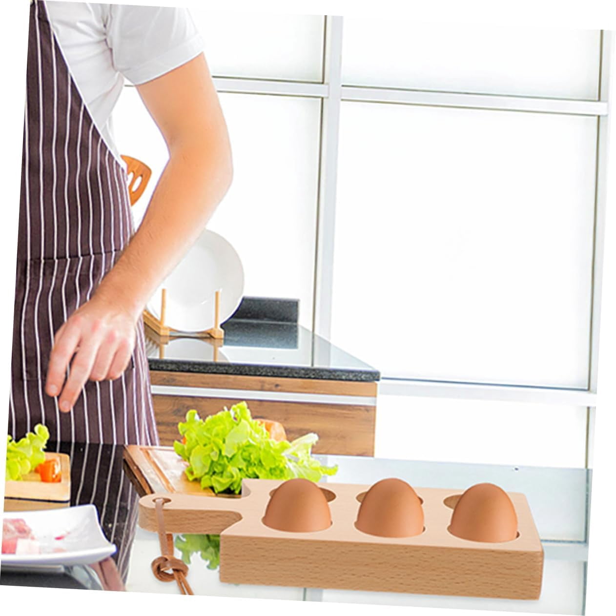 ABCISI Wooden Egg Tray with 6 Compartments and Handle, Deviled Egg Board Platter Holder for Refrigerator Kitchen Countertop Organizer, 8.66X4.33X1.06 Inches