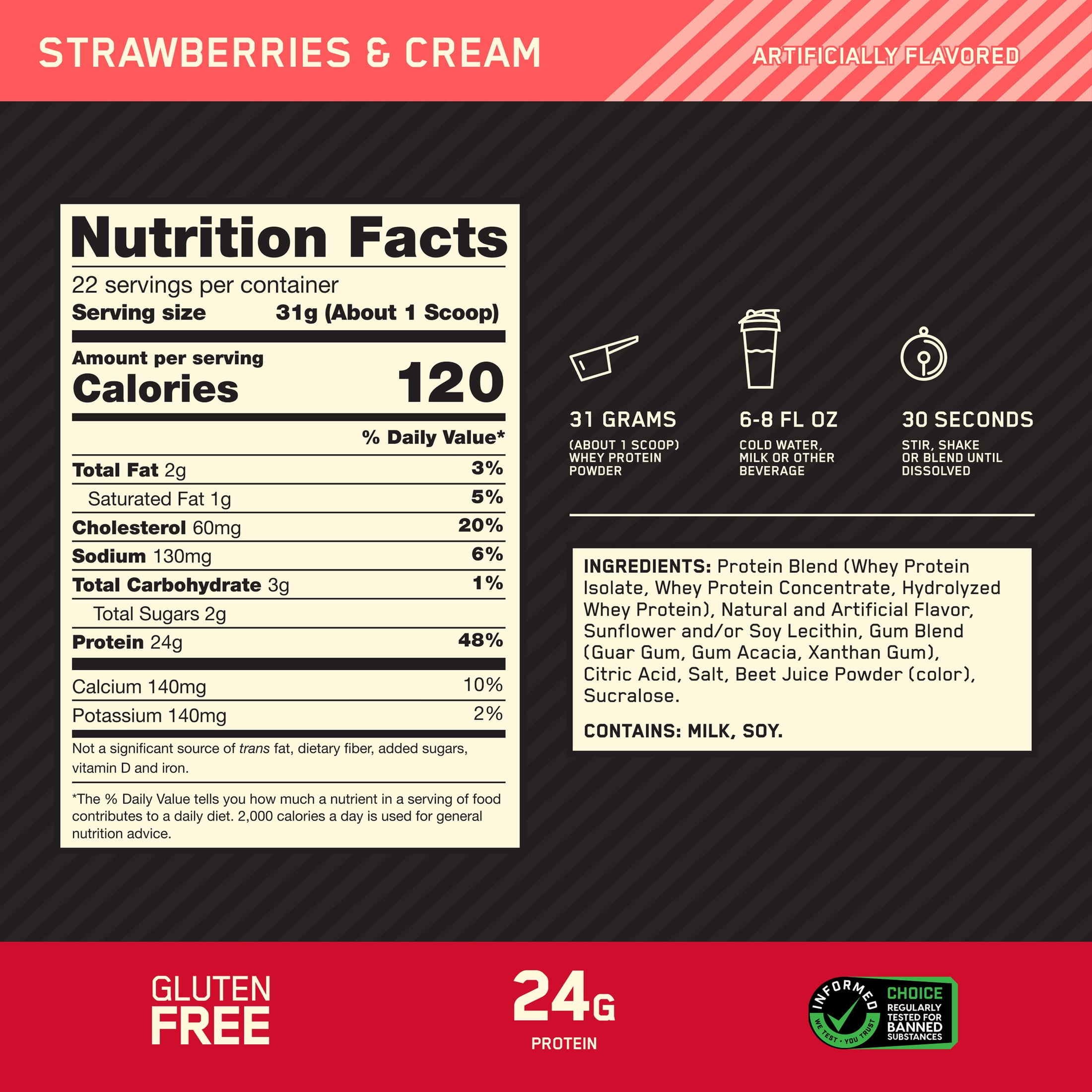 Optimum Nutrition, Gold Standard 100% Whey Protein Powder, Strawberries & Cream, 22 Servings