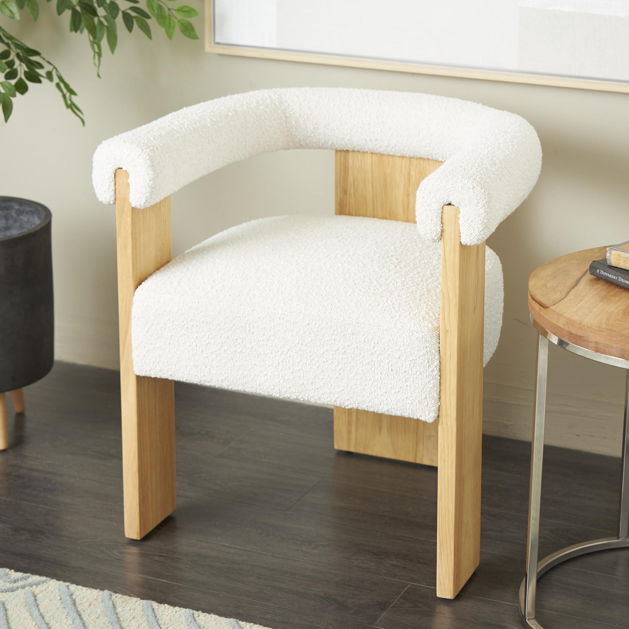 DecMode Polyester Curved Back Mid Century Modern Round Boucle Lounge Chair with Light Brown Wood Frame, Cream