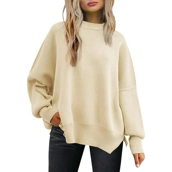 CAILDANL Women's Oversized Batwing Sweaters 2025 Fall Outfits Trendy Crewneck Knit Side Slit Fashion Pullover Tops