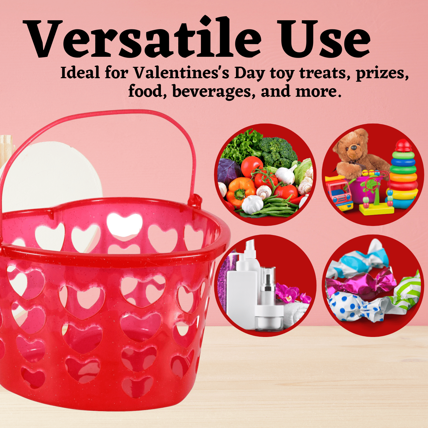 Heart Shaped and Slotted Baskets Bucket with Handles for Valentines Day Plastic Bin Container Party Supplies Home Kitchen Treat Vegetable Bathroom Shower School Storage Organizer Gift Basket Set of 4