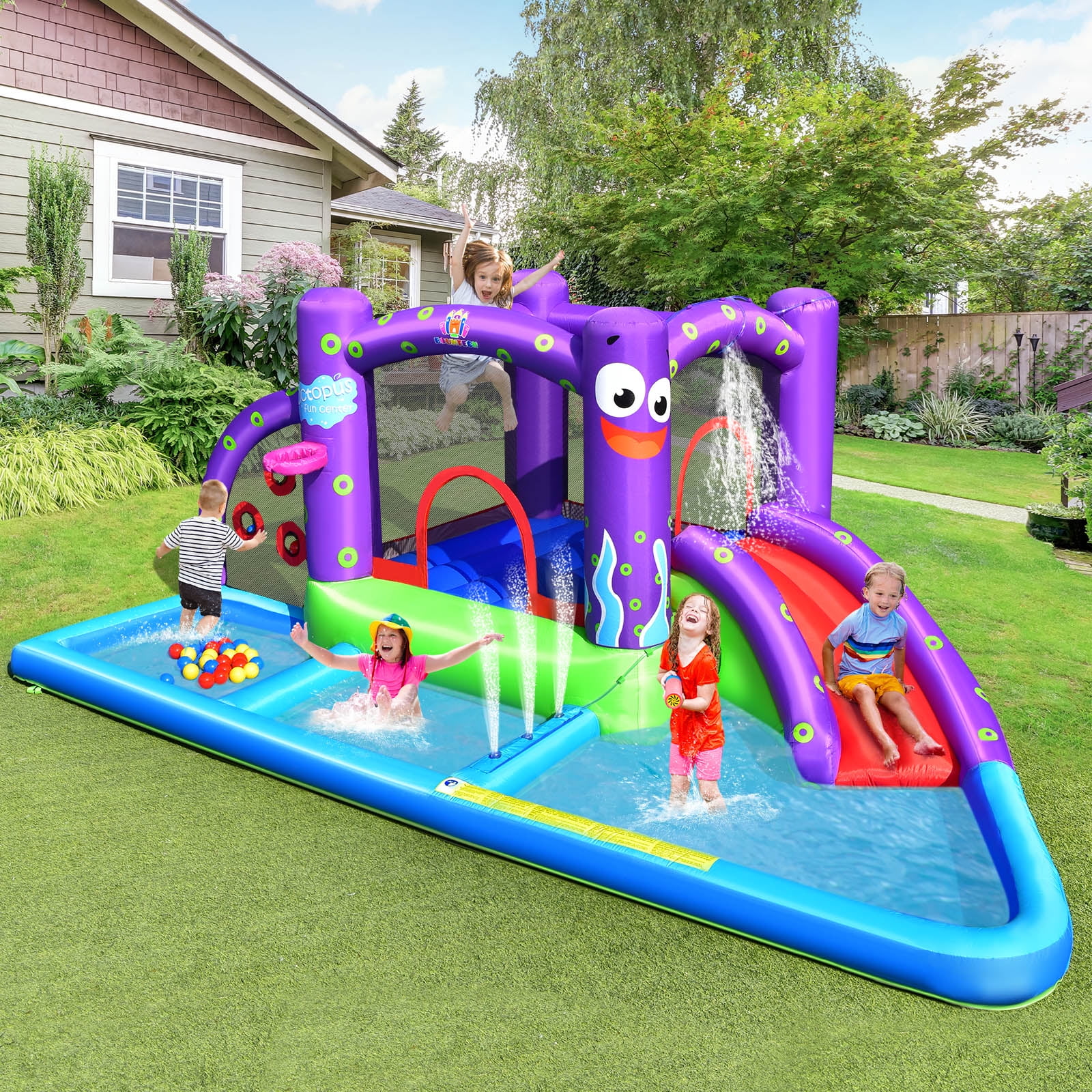 Infans Inflatable Water Slide Castle Kids Bounce House w/ Octopus Style & 750W Blower