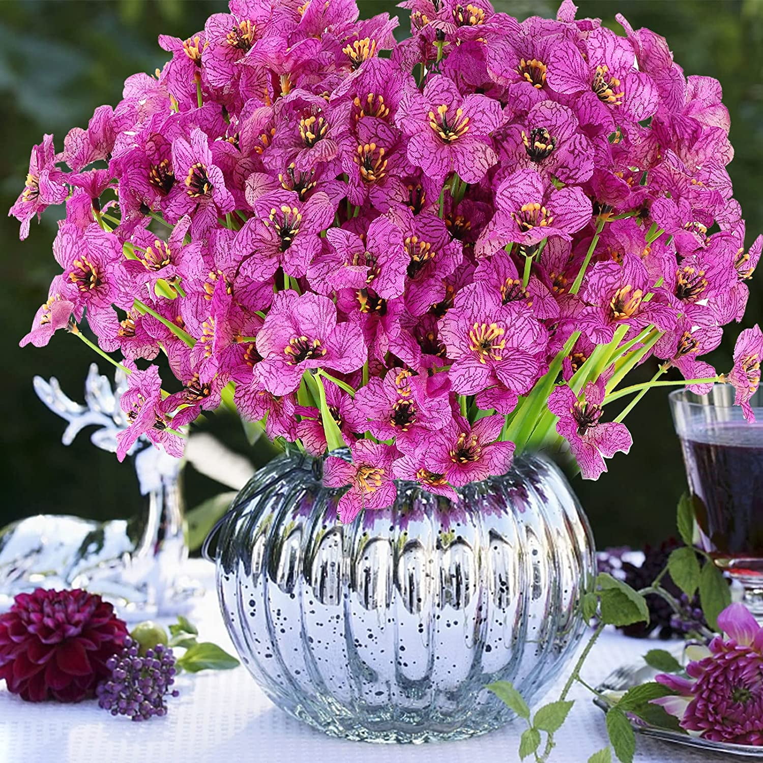 Sinhoon 24 Bundles Artificial Flowers UV Resistant Fake Flowers for Outdoor No Fade Faux Plastic Greenery Shrubs Garden Porch Window Box Decorating, Purplish Red