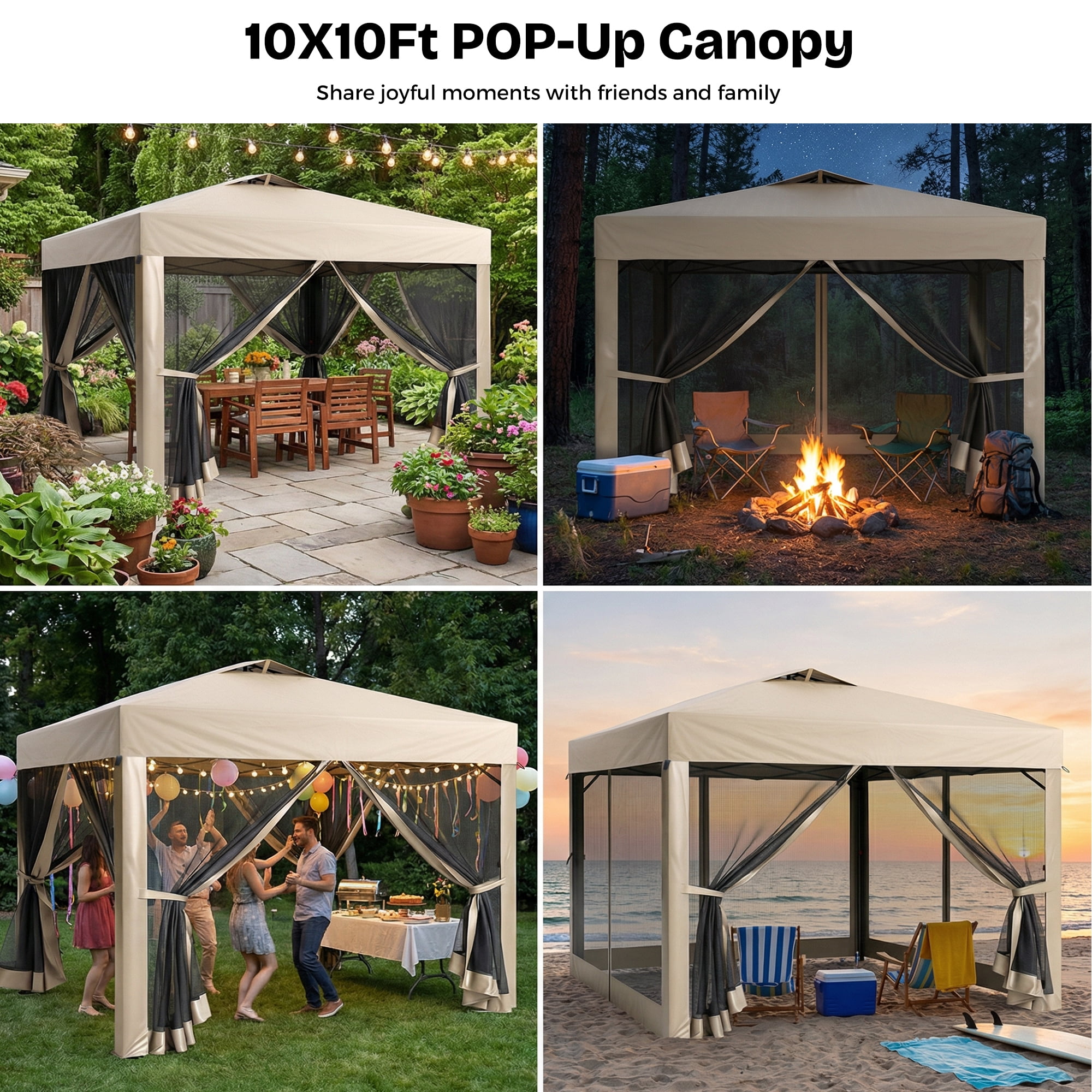 Advwin 10x10 Pop Up Canopy Tent with Netting, Instant Folding Outdoor Gazebo with Wheeled Carry Bag, 3 Adjustable Heights, 4 Sandbags & 4 Ropes, Portable Canopy Shelter for Patio, Backyard, Camping,