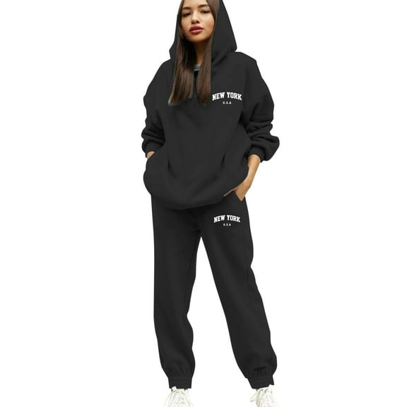 LINGLANG Fall Outfits For Women 2025 Dressy Casual Hooded Sweatshirt Set Casual Pullover With Drawstring Graphic Print Letters Stylish Sportswear Outfit Casual Sweatsuit Lounge Set Matching Sets