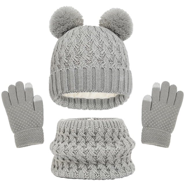 FAIWAD Kids Winter 3Pcs Beanie Hat Gloves Scarf Set Toddler Boys Girls Pompom Fleece Knit Cap Outfits Gift for Boys Girls