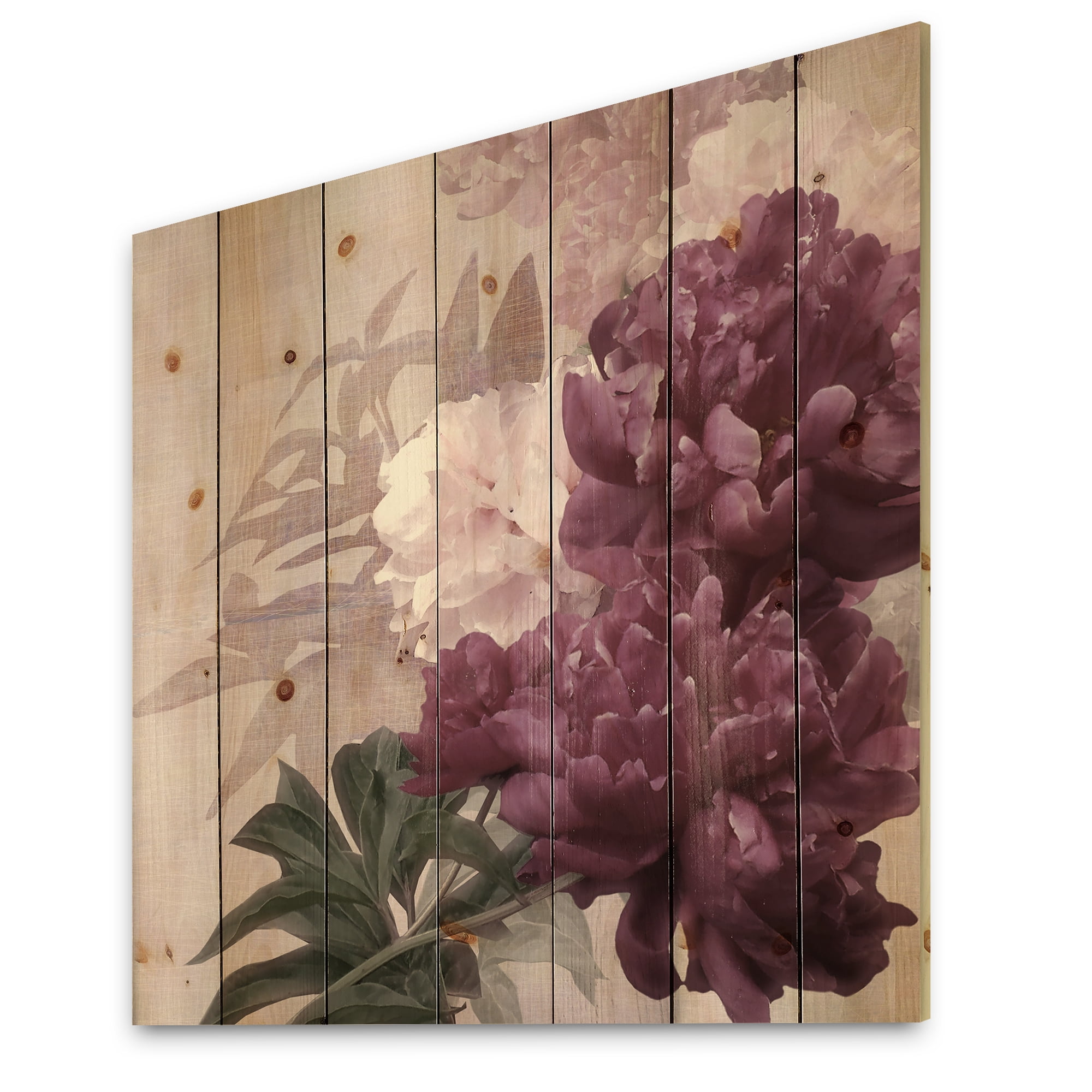 Designart 'Ancient Pink and Purple Flowers I' Traditional Print on Natural Pine Wood
