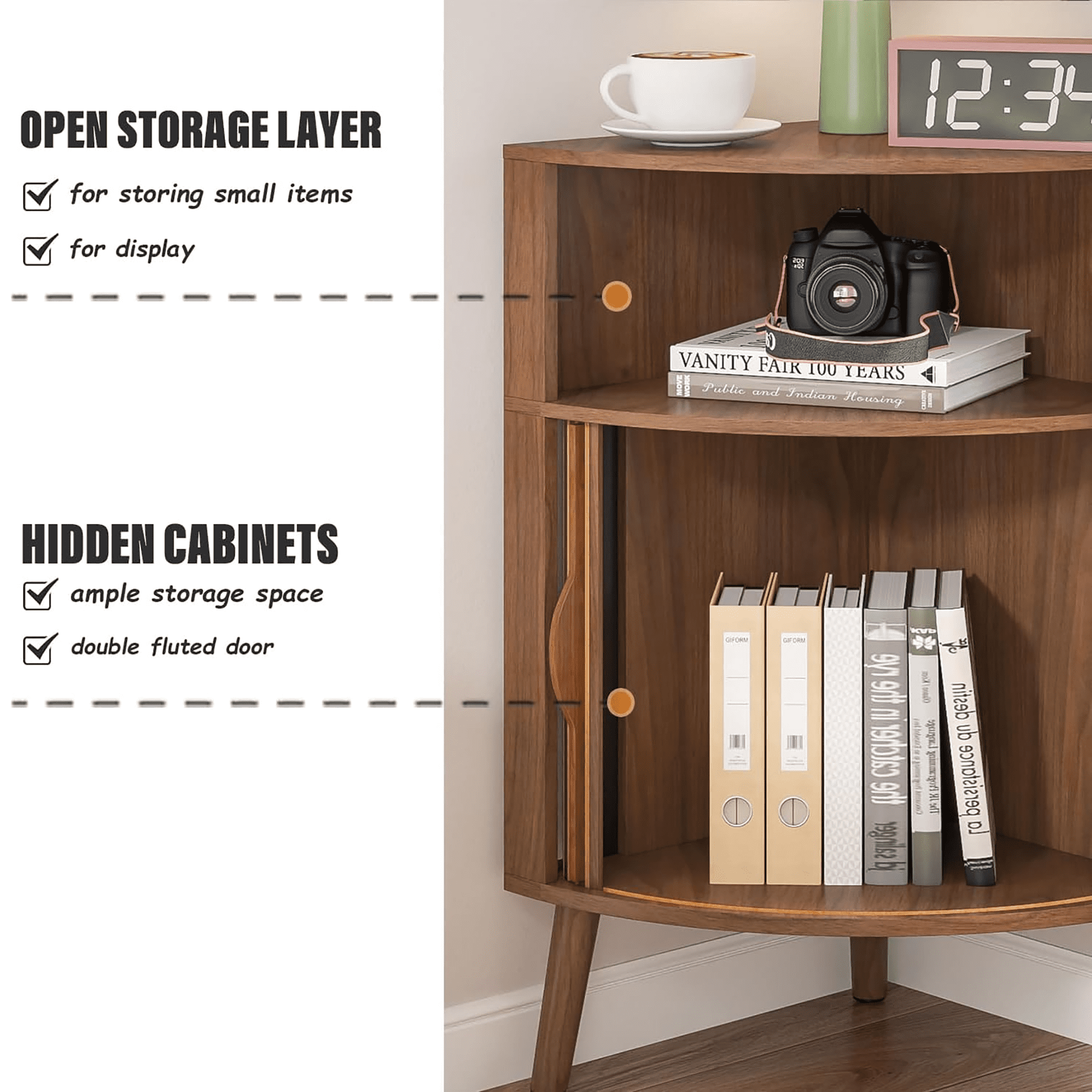 Fluted Bathroom Corner Storage Cabinet, Small Corner Floor Cabinet with Doors and Shelves, Freestanding Narrow Cabinets Organizer for Bathroom, Living Room, Kitchen, Walnut