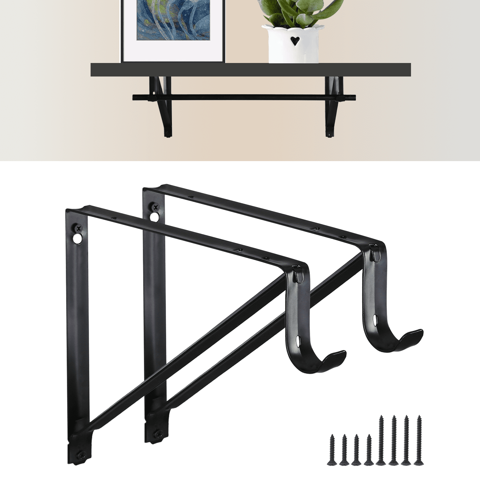 WellMade 11 x 9.5 in Wall Mounted Closet Rod Brackets 2 Pack, Steel Shelves Support with Rod Shelving Support, Black with Screws